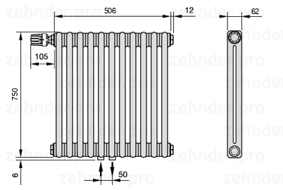 Схема (чертеж) Радиатор Zehnder Charleston 2075/11 №V007 Белый глянцевый RAL 9016